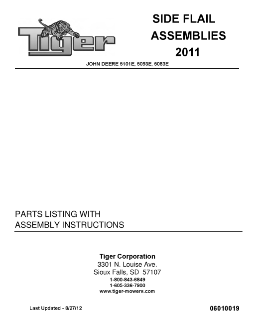 Tiger John Deere JD 5101E 5093E 5083E SIDE FLAIL 2011 Mower Operation and Parts Manual PDF Download