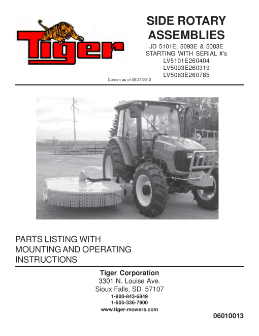 Tiger John Deere JD 5101E 5093E 5083E SIDE ROTARY 2010 Mower Operation and Parts Manual PDF Download