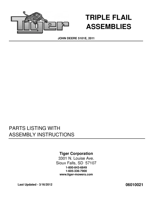 Tiger John Deere JD 5101E TRIPLE FLAIL 2011 06010021 Mower Operation and Parts Manual PDF Download