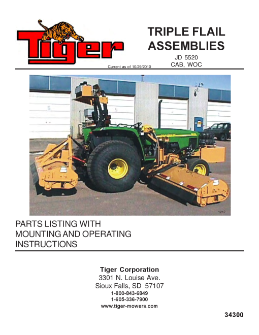 Tiger John Deere JD 52-5520 Triple Flail Mower Operation and Parts Manual PDF Download