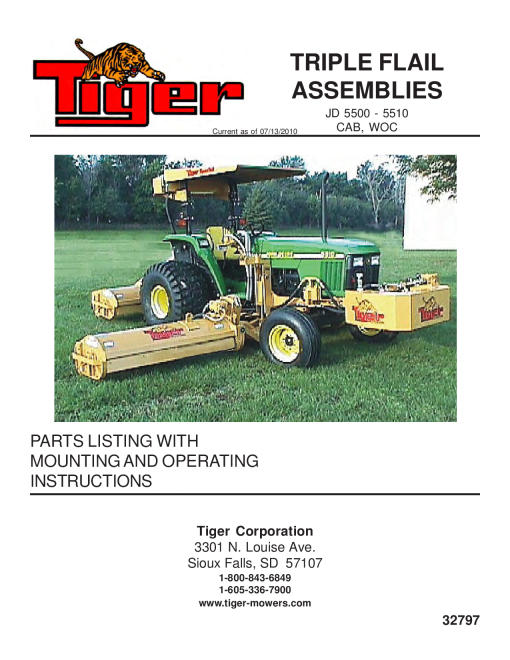Tiger John Deere JD 5500-5510 triple flail Mower Operation and Parts Manual PDF Download