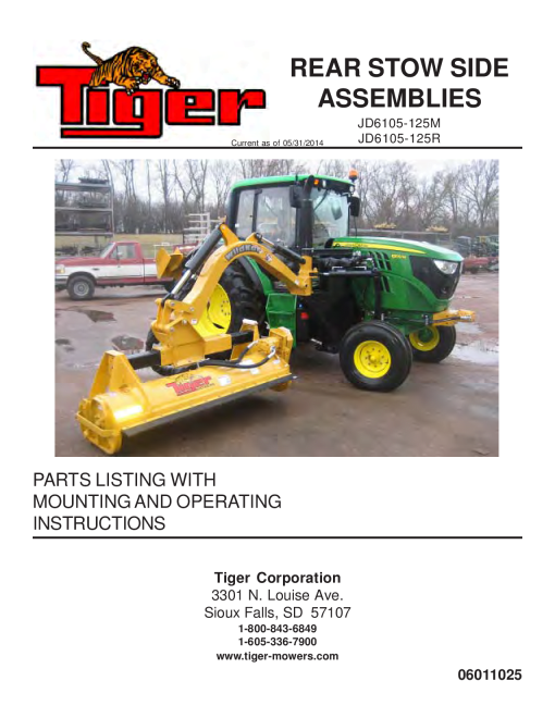 Tiger John Deere JD 6105-125M 6105-125R REAR STOW SIDE Mower Operation and Parts Manual PDF Download