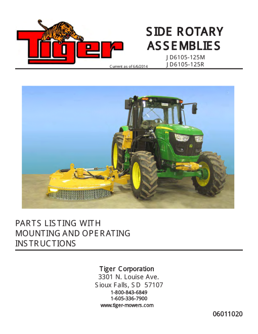 Tiger John Deere JD 6105-125M JD6105-125R SIDE ROTARY Mower Operation and Parts Manual PDF Download