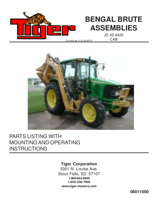 Tiger John Deere JD 62-6420 BENGAL BRUTE 06011000 Mower Operation and Parts Manual PDF Download