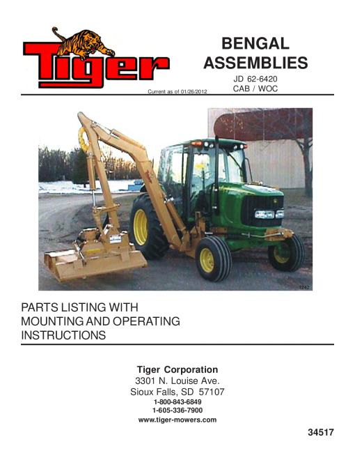 Tiger John Deere JD 62-6420 BENGAL Mower Operation and Parts Manual PDF Download