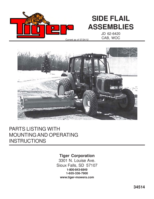 Tiger John Deere JD 62-6420 side flail Mower Operation and Parts Manual PDF Download