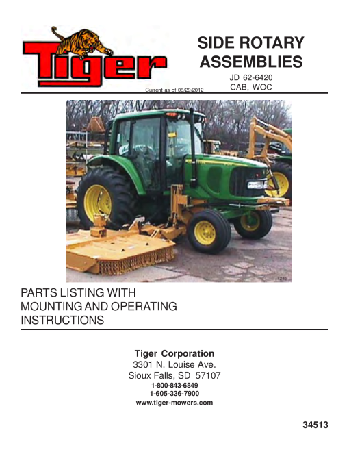 Tiger John Deere JD 62-6420 side rotary 34513 Mower Operation and Parts Manual PDF Download