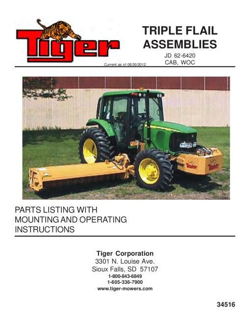 Tiger John Deere JD 62-6420 triple flail Mower Operation and Parts Manual PDF Download