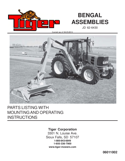 Tiger John Deere JD 62-6430 BENGAL Mower Operation and Parts Manual PDF Download