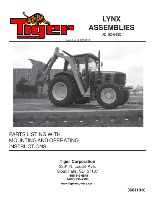 Tiger John Deere JD 62-6430 LYNX Mower Operation and Parts Manual PDF Download