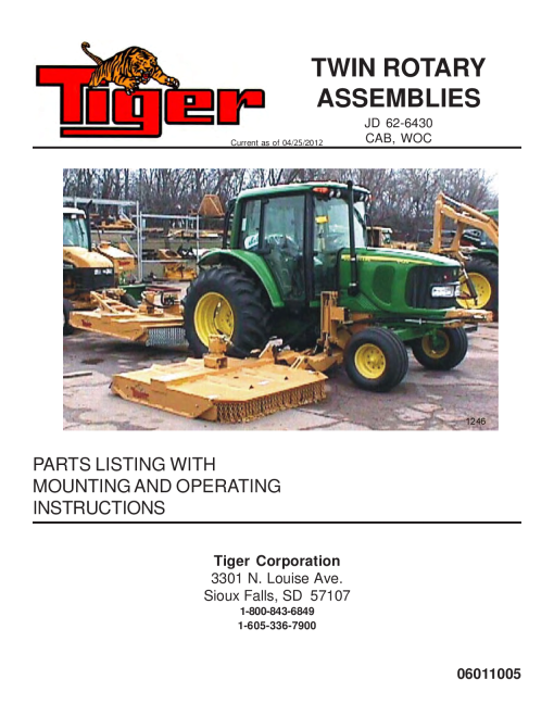 Tiger John Deere JD 62-6430 TWIN ROTARY Mower Operation and Parts Manual PDF Download