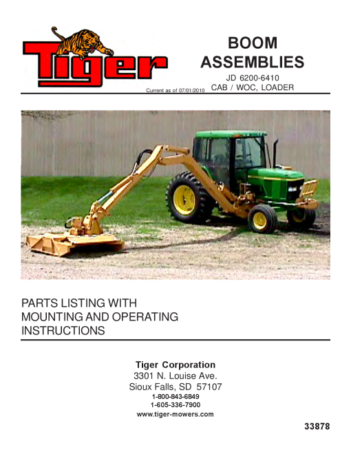 Tiger John Deere JD 6200-6410 Boom Cab- Woc Loader Mower Operation and Parts Manual PDF Download