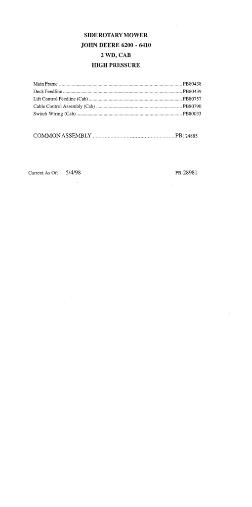 Tiger John Deere JD 6200-6410 Side Rotary 2WB Cab Mower Operation and Parts Manual PDF Download