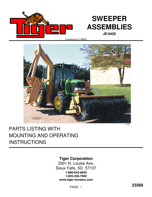 Tiger John Deere JD 6420 Sweeper Mower Operation and Parts Manual PDF Download