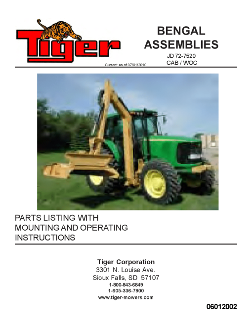 Tiger John Deere JD 72-7520 BENGAL Mower Operation and Parts Manual PDF Download