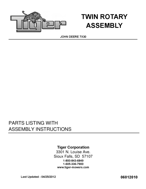 Tiger John Deere JD 7X30 TWIN Rotary Mower Operation and Parts Manual PDF Download