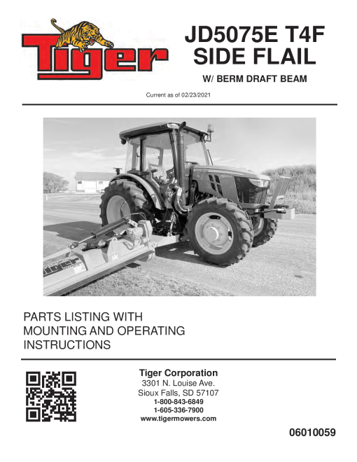Tiger John Deere JD5075E T4F SIDE FLAIL w Berm Draft Beam Mower Operation and Parts Manual PDF Download