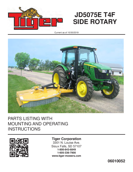 Tiger John Deere JD5075E T4F SIDE ROTARY Mower Operation and Parts Manual PDF Download
