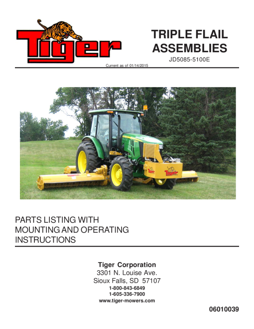 Tiger John Deere JD5085-5100E T3F 06010039 Mower Operation and Parts Manual PDF Download