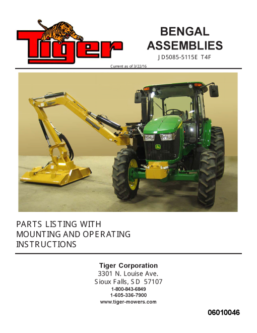 Tiger John Deere JD5085-5115E T4F BENGAL Mower Operation and Parts Manual PDF Download