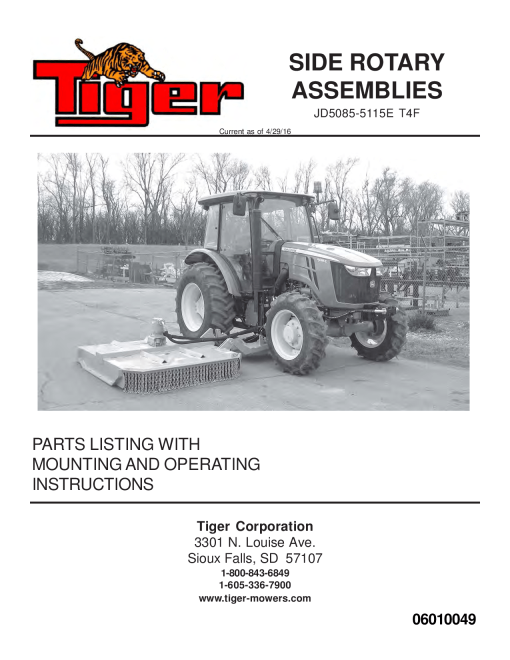 Tiger John Deere JD5085-5115E T4F SIDE ROTARY Mower Operation and Parts Manual PDF Download