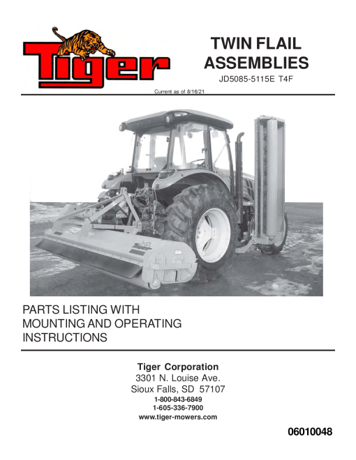 Tiger John Deere JD5085 5115E T4F Twin Flail Mower Operation and Parts Manual PDF Download