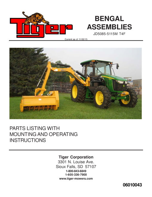 Tiger John Deere JD5085-5115M T4F BENGAL Mower Operation and Parts Manual PDF Download