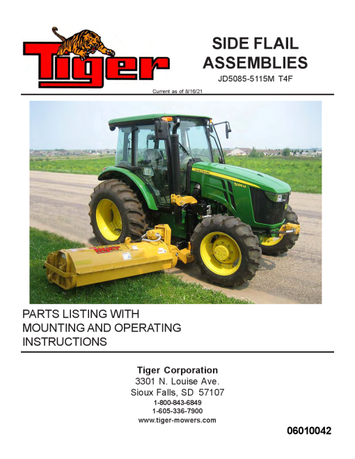 Tiger John Deere JD5085-5115M T4F Side Flail Mower Operation and Parts Manual PDF Download
