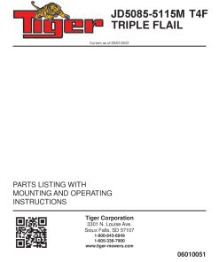 Tiger John Deere JD5085 5115M T4F TRIPLE FLAIL Mower Operation and Parts Manual PDF Download