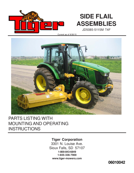 Tiger John Deere JD5085-5115M T4F TSF 06010042 Mower Operation and Parts Manual PDF Download