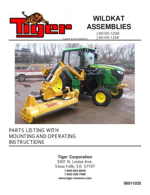 Tiger John Deere JD6105-125M JD6105-125R T4i WILDKAT Mower Operation and Parts Manual PDF Download