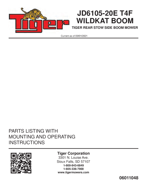 Tiger John Deere JD6105-20E T4F WILDKAT Mower Operation and Parts Manual PDF Download