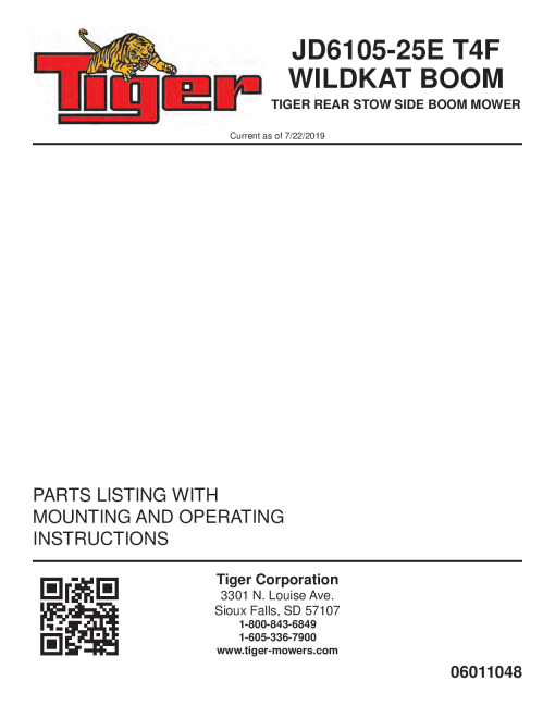 Tiger John Deere JD6105-25E T4F WILDKAT Mower Operation and Parts Manual PDF Download