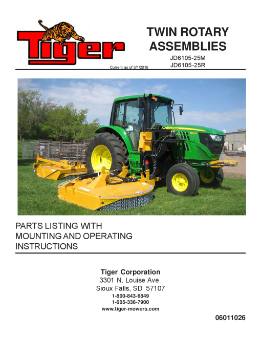 Tiger John Deere JD6105-25M JD6105-25R TWIN ROTARY Operation and Parts Manual PDF Download