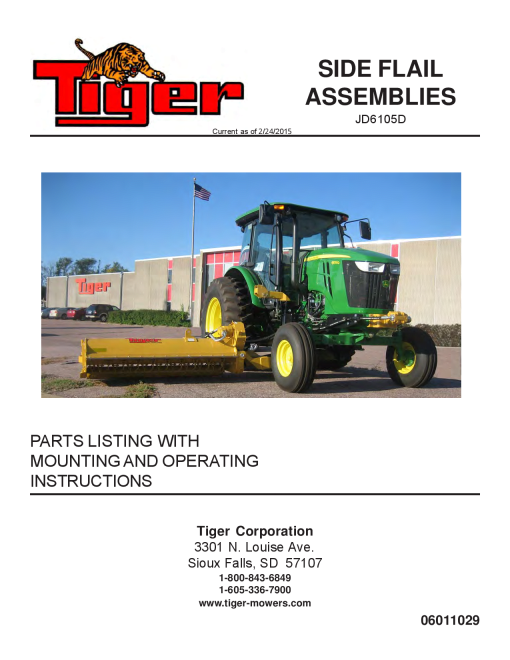 Tiger John Deere JD6105D T4i Side Flail Operation and Parts Manual PDF Download