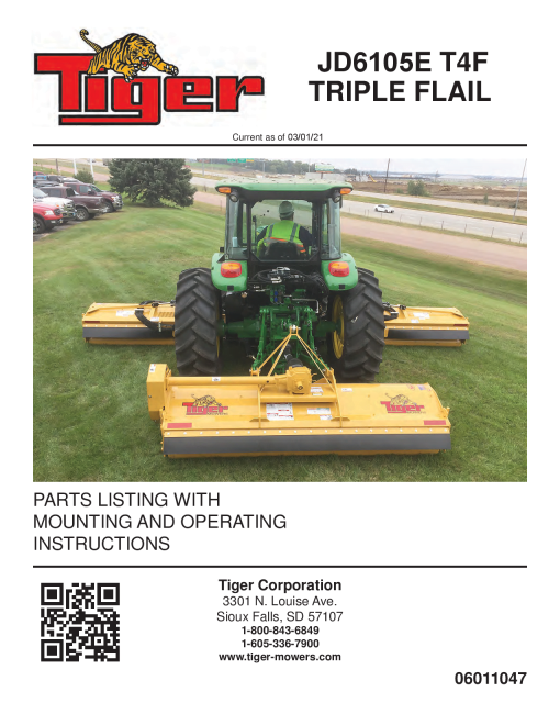 Tiger John Deere JD6105E T4F TRIPLE FLAIL Mower Operation and Parts Manual PDF Download