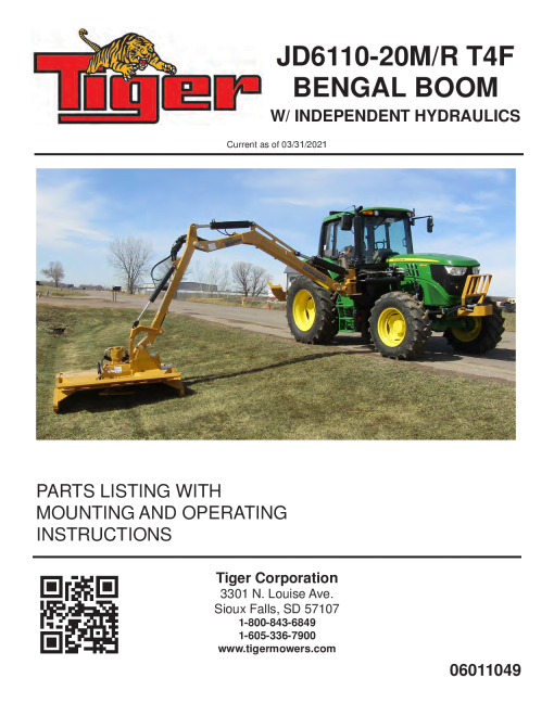 Tiger John Deere JD6110-20M JD6110-20 Bengal Boom Mower Operation and Parts Manual PDF Download