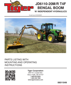 Tiger John Deere JD6110-20M JD6110-20R Bengal Boom IH Mower Operation and Parts Manual PDF Download