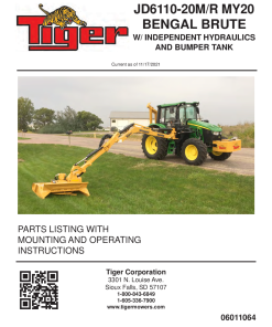 Tiger John Deere JD6110-20M JD6110-20R MY20 BENGAL BRUTE w BUMPER TANK Mower Operation and Parts Manual PDF Download