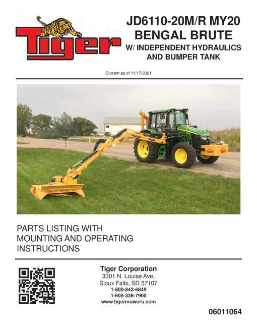 Tiger John Deere JD6110-20M JD6110-20R MY20 BENGAL BRUTE w BUMPER TANK Mower Operation and Parts Manual PDF Download