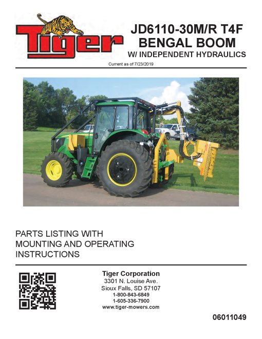 Tiger John Deere JD6110-30M JD6110-30R T4F BENGALw Independent Hydraulics Mower Operation and Parts Manual PDF Download