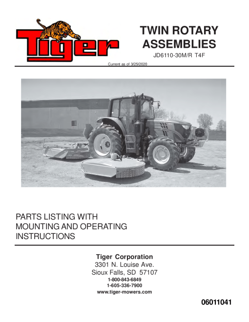 Tiger John Deere JD6110-30M JD6110-30R T4F TWIN ROTARY Mower Operation and Parts Manual PDF Download