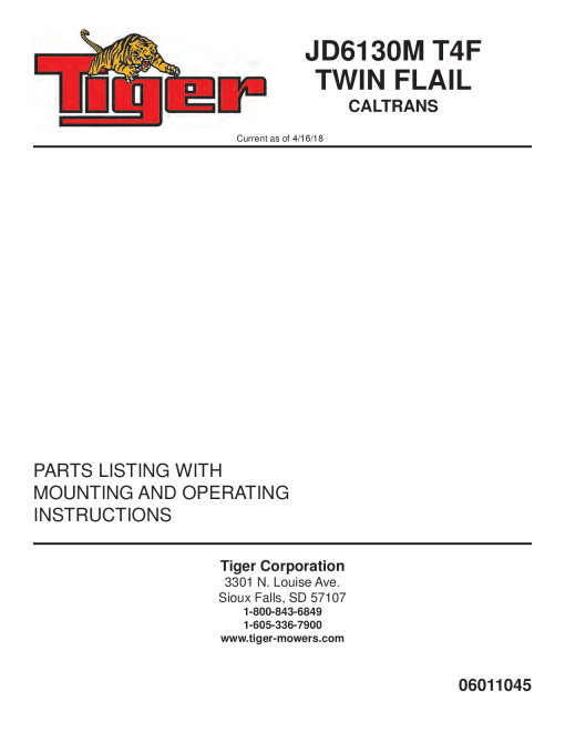 Tiger John Deere JD6110-30M T4F TWIN FLAIL CALTRANS Mower Operation and Parts Manual PDF Download