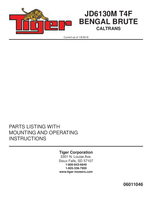 Tiger John Deere JD6130M T4F BENGAL BRUTE CALTRANS Operation and Parts Manual PDF Download