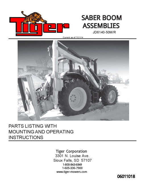 Tiger John Deere JD6140-50M JD6110-30R SABER Boom Mower Operation and Parts Manual PDF Download