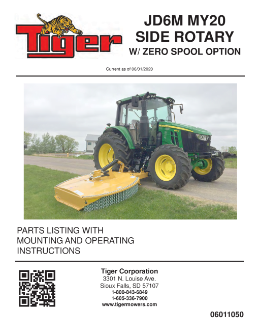 Tiger John Deere JD6M MY20 SIDE ROTARY w ZERO SPOOL Operation and Parts Manual PDF Download