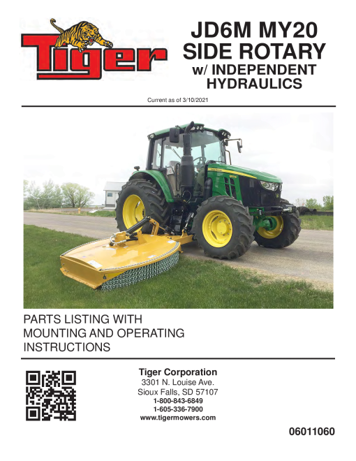 Tiger John Deere JD6M MY20 SIDE ROTARY with IH Mower Operation and Parts Manual PDF Download