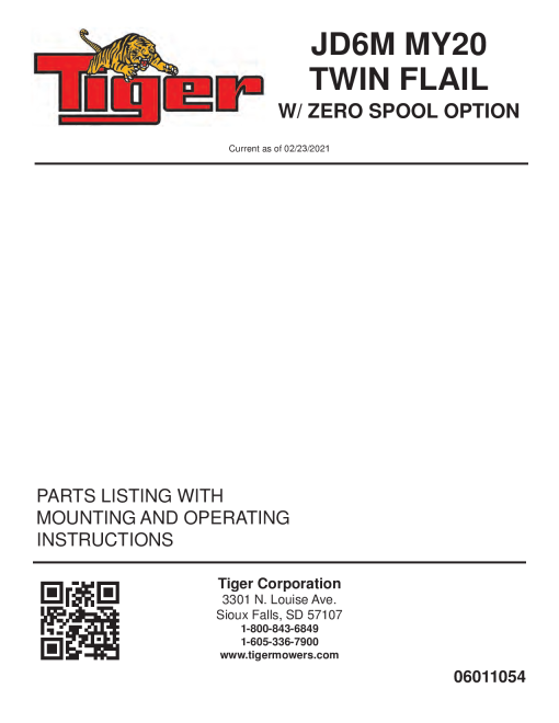 Tiger John Deere JD6M MY20 TWIN FLAIL w ZERO SPOOL Operation and Parts Manual PDF Download