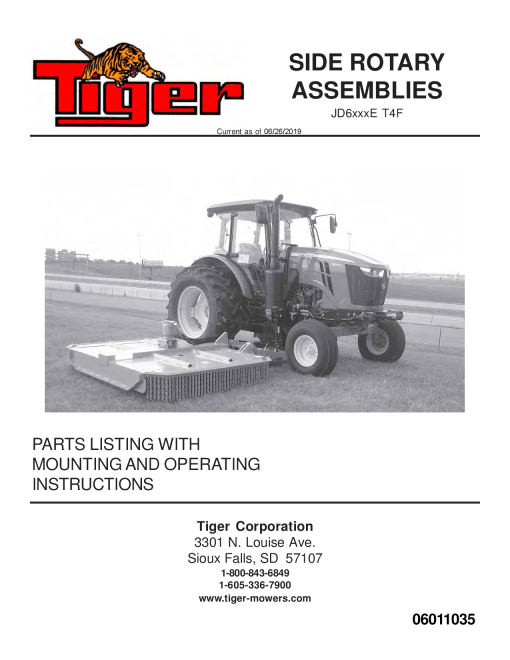 Tiger John Deere JD6xxxE T4F SIDE ROTARY Operation and Parts Manual PDF Download