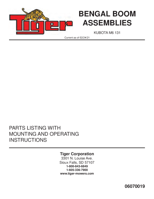 Tiger Kubota M6 131 BENGAL BOOM Mower Operation and Parts Manual PDF Download